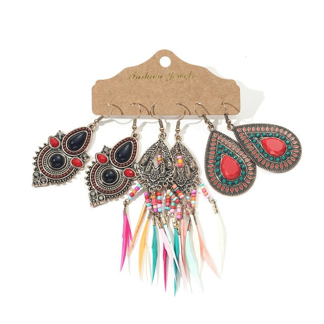 Ethnic Sundry Color Feather Tassel Earrings
