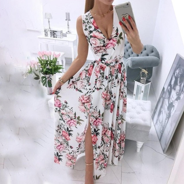 Summer Deep V-Neck Sleeveless Beach Dress