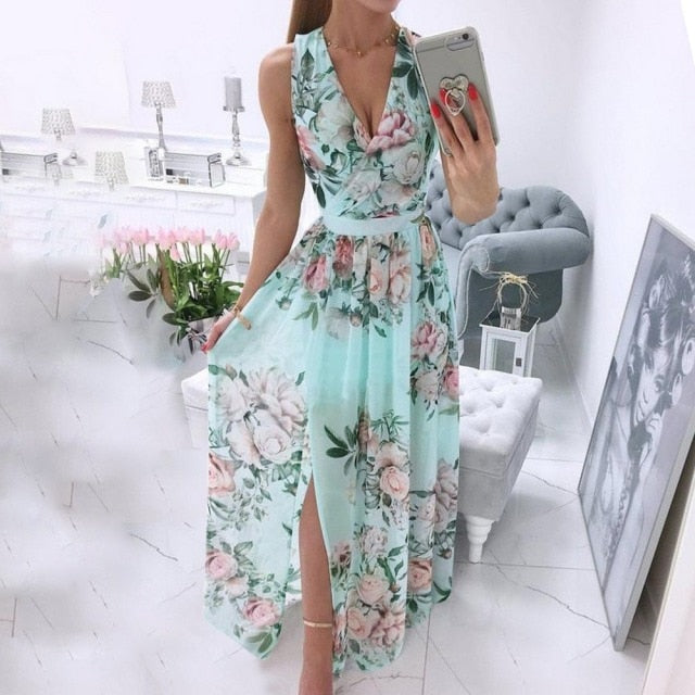 Summer Deep V-Neck Sleeveless Beach Dress