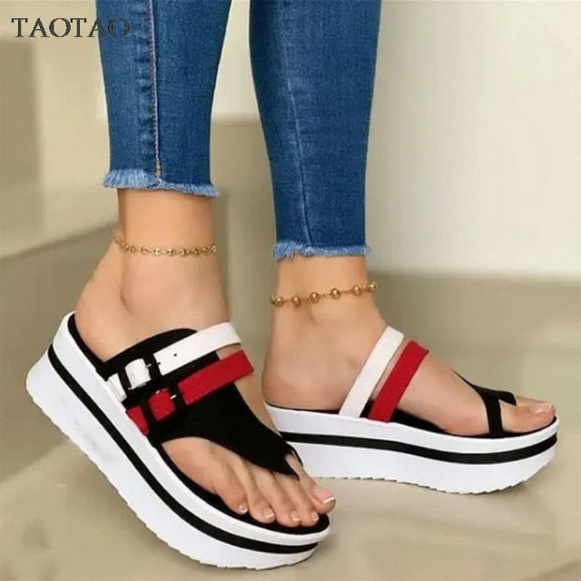 Chunky Heels Ladies Sandals Slip on Buckle Flats