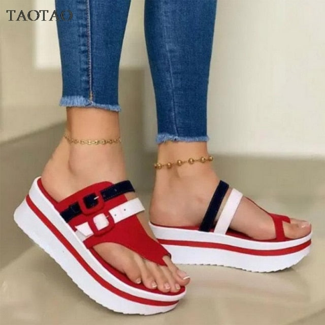 Chunky Heels Ladies Sandals Slip on Buckle Flats